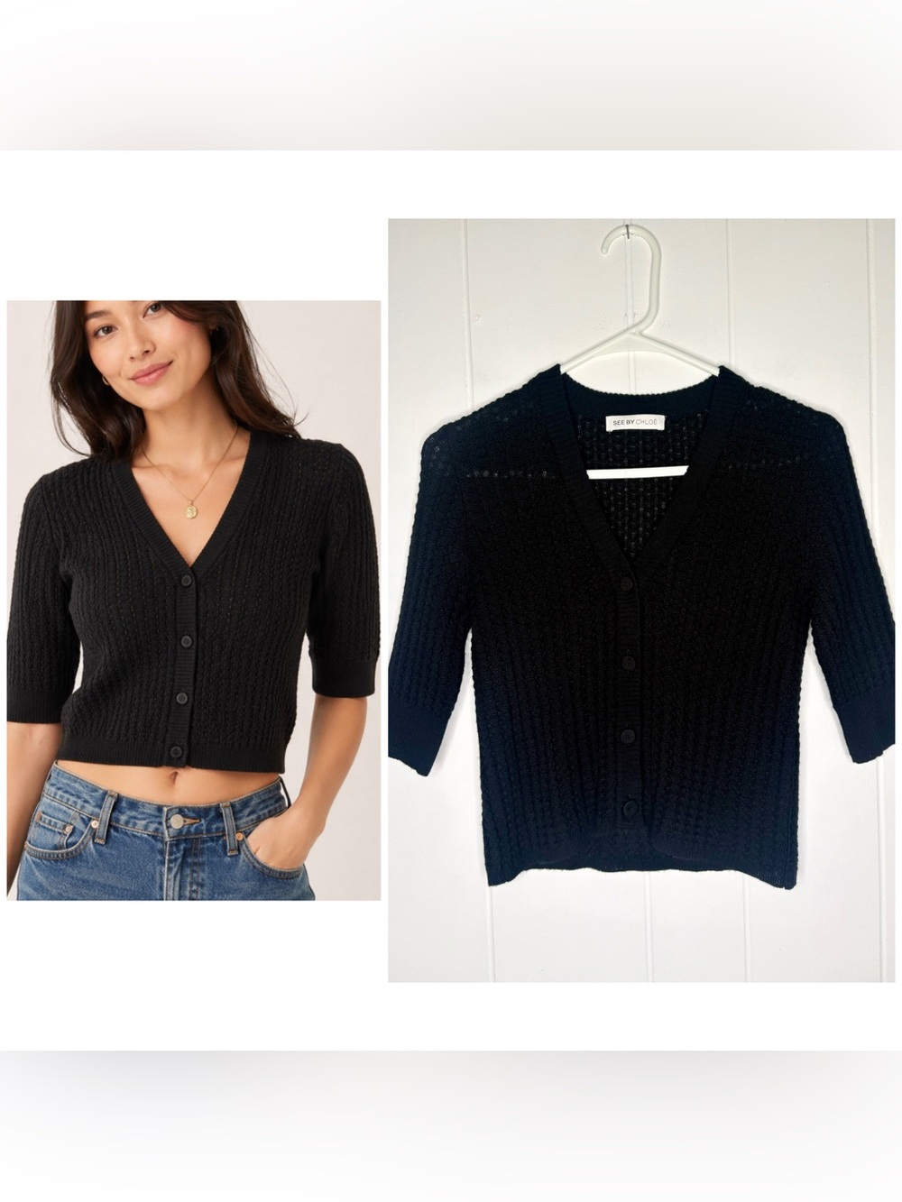 See any Chloe Black Knit Cropped Cardigan Sweater V Neck Size 6 Small Luxury